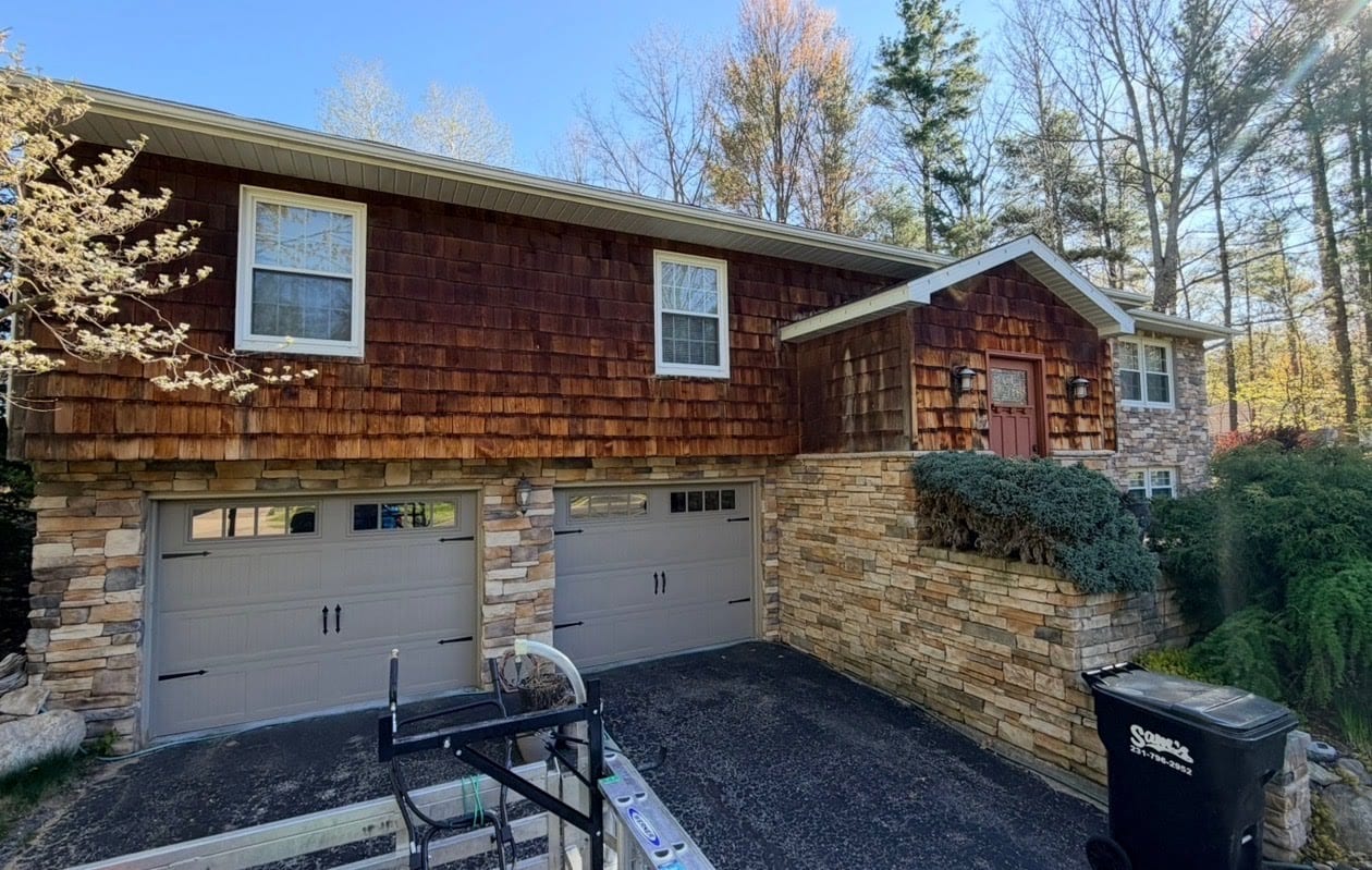 Cedar shake siding before soft washing — oxidized and dull